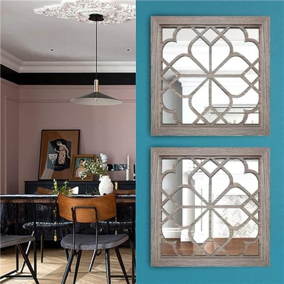 2 PCS Square Wall Mirror Gorgeous Rustic Farmhouse Accent Mirror Barn Wood - Picture 4 of 4